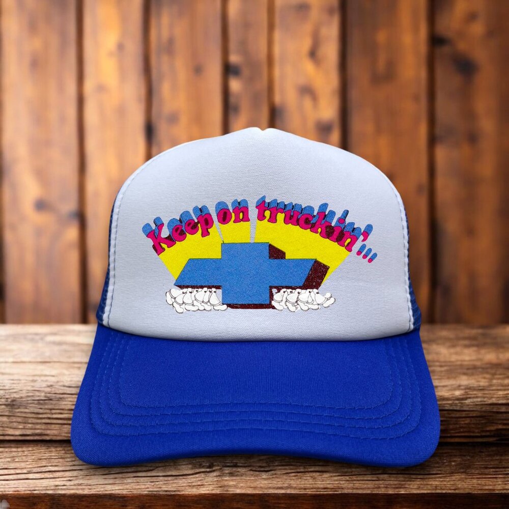Retro Chevrolet Mens Trucker Hat Blue Snapback Keep On Truckin' 1970s Logo Cap